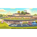 Colorful cartoon park scene with a circular race track, grassy hills, and trees, set against a city skyline.