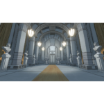 Blue_Prince_PS5_Screen_01__684161781802286 - Video Game Depot Grand marble hall with tall columns, busts on pedestals, and hanging lanterns, a wooden runner guiding to a doorway at the end.
