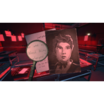 Blue_Prince_PS5_Screen_02__473111781802285 - Video Game Depot Magnifying glass held up to a vintage portrait of a woman in a bow tie, with a handwritten note and red-lit laboratory-style setting in the background.
