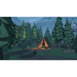 Blue_Prince_PS5_Screen_05__304851781802285 - Video Game Depot Orange triangular tent set up near a glowing campfire in a dense pine forest with scattered rocks and grass.