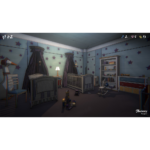 Blue_Prince_PS5_Screen_07__954971781802285 - Video Game Depot Blue star-patterned nursery with two cribs, a rocking chair, and shelves lit by a small lamp in the center. Toys are scattered on the floor.