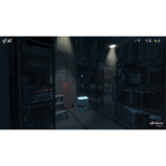 Blue_Prince_PS5_Screen_09__787971781802285 - Video Game Depot Dimly lit storage room with tall metal shelves, crates, and a spotlight overhead suggesting a secretive warehouse area in a game