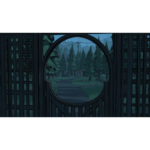 Blue_Prince_PS5_Screen_11__984461781802285 - Video Game Depot View through a circular window framed by dark wooden lattice, revealing a forest path with pine trees outside
