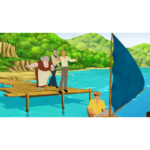 Four people on a wooden dock on turquoise water wave at a man in a yellow shirt aboard a small sailboat by a tropical shoreline.