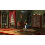 A man in a blue jacket sits in an antique study with green walls, red drapes, and wooden cabinets.