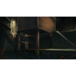 Man in a blue jacket and beige pants stands on a wooden platform under a raised structure in a dim, harbor-like scene with a dog on a ledge nearby.