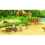 Two men work on a field survey at a sunny tropical beach; one leans over a table under a canopy while another stands nearby with surveying gear nearby a tripod, cliffs in the background.