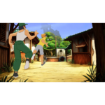 Two kids run down a sunny village alley between wooden houses; one in green pants and white tank top leads the chase after a blond boy in a yellow shirt.