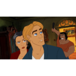 Three animated characters in a tense scene: a blond man in a blue jacket at the front, a woman in red behind him, and a muscular assailant raising a club from the right in a dim room.