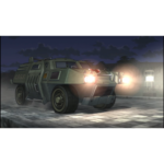 Cinematic_Cutscene_ALT__970901778603164 - Video Game Depot Two futuristic armored vehicles drive down a cobblestone street at night with bright headlights.