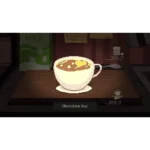 Pixel art cup of Chocobee Soy on a wooden counter with a brown frothy drink and heart garnish.
