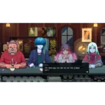 Four fantasy characters sit at a cafe counter in a pixel-art scene; blue-haired person center, bearded man left, two others right; dialogue box reads: "The blind guy can see me but the gramps can't?"