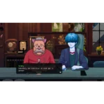Pixel-art bar scene with a blue-haired, blue-skinned person and a bearded man with cat ears at the counter.