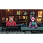 Cartoon café scene with a bearded man wearing a red sweater on the left and a pink-haired person in a purple jacket on the right, sitting behind a counter with shelves and decor in the background.