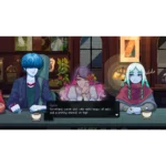 Three humanoid characters sit at a bar counter in a colorful pixel-art scene, with a dialogue box at the bottom showing a pastry-related line: “Something sweet and cute with heaps of milk and a pretty stencil on top!”