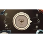 Top-down view of a coffee cup on a dark control-panel UI with actions like Pour Milk, Etch, Stencil, Reset, Invert, and Done.