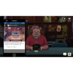 Cartoon man with glasses and cat ears sits at a cafe counter, while a smartphone on the left shows a social post about a live stream.