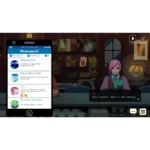 Game scene: pink-haired woman in a cafe on the right, with a smartphone chat app open on the left showing a friends list.