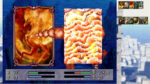 Two attack cards in a fantasy RPG battle: left card shows a fiery demon, right card a swirling molten wave; bottom HUD displays HP and SP bars and numbers, with small ability thumbnails on the right.