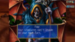 Screenshot from a fantasy game showing a grim skeletal sorcerer in a blue hooded robe speaking through a blue message box that says 'Fear. Your creatures can't invade on your next Turn.'