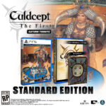 Promo image for Culdcept: The First Saturn Tribute Standard Edition showing PS5 and booklet cases with horned armored figure in the background, and the title text clearly visible.
