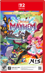 Nintendo Switch game cover for Disgaea Mayhem Deluxe Edition with colorful characters and bold title art on a red case banner (NS logo in corner).