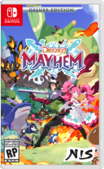 DM_NSW_ESRB_US_Packshot_3D__865131772469622 - Video Game Depot Nintendo Switch game cover for Disgaea Mayhem Deluxe Edition, showing anime-style characters in a fantasy battle with a dragon and monsters in the background, bold title at center