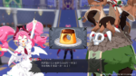 Two anime-style characters in a battle arena present a pudding on a plate framed by a decorative card, with dialogue text below about the joke 'Zero Hole' energy/calorie reference.