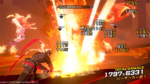 Swordsman in black and red charges a fiery attack in a fantasy battle, with floating damage numbers and a 'Catastrophe' label across the screen.