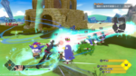 Intense action RPG battle outdoors near a stone ruin, hero attacking blue-energy enemies as colorful trails swirl around.