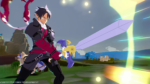 Male anime-style warrior in black armor with red accents grips a oversized lavender sword in a bright, open field as energy beams fly by.