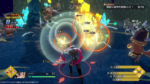 Character in dark outfit casts a large area attack against glowing enemies in a crystal cavern, orange hit rings surrounding targets