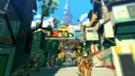 DSTS-NSW2-Screenshots-_6 - Video Game Depot Colorful futuristic alley with stacked buildings, banners, and a golden winged robotic creature in the foreground.