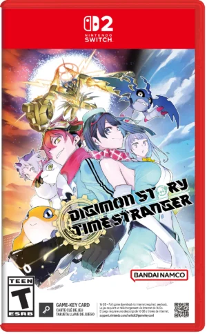 Nintendo Switch game cover for Digimon Story Cyber Sleuth: Hacker's Memory featuring anime-style characters in action poses and a blue Digimon in the sky with a red border around the case