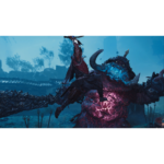 Daidara__82678 - Video Game Depot Hero rides a dark armored dragon with a glowing purple core in a ruined battlefield.