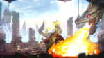 Knight with glowing axe confronts a dragon in a ruined icy arena as lava erupts nearby.