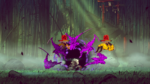 A hooded warrior crouches as swirling purple demon figures swarm around him in a misty bamboo forest, forming a dark vortex.