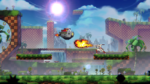 Side-scrolling platformer scene with a hero firing flames at a hovering vehicle in a bright, tropical-like level.