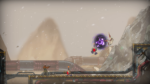 A rugged soldier fires a gun at a small red and white robot on a metallic platform in a sci‑fi canyon scene with a glowing purple portal off to the right.