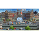 Exploring_Town__086641778603164 - Video Game Depot Colorful RPG town square with a central glowing fountain, brick buildings, banners, and characters along a low wall.