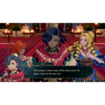 Three characters in a grand hall; center figure Leda delivers a threatening line about Lechner to choke him.