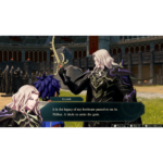 Two pale-haired warriors in dark armor face off in a coliseum; a glowing sword is raised as dialogue appears: “It is the legacy of my forebears… a blade to smite the gods.”