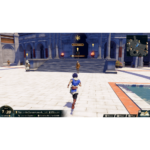 Player character runs toward a grand stairway entrance in a fantasy town, with quest markers above two NPCs at the top. A map is visible in the upper-right corner and UI elements are at the bottom.