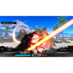 In-game battle on a tropical beach: a character strikes a glowing red slash against a striped wolf with a neon beam crossing the screen and HUD elements visible below.