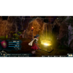 Hero in a red-cloaked outfit opens a glowing treasure chest inside a rocky cavern; on-screen health and game controls visible on the HUD.