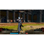 Female archer in blue attire drawing a bow in a stone arena; game UI shows health bars and enemy label 'Aragonian Soldier'.