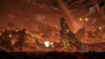 A lava-filled volcanic battlefield in a fantasy game, with jagged rocks and two characters in the foreground amid glowing embers.