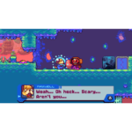 Two cartoon characters stand on a bright platform, one comforting the other as a dialogue box shows Maxwell's line about something scary.