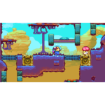 Two pixel-art characters stand on a blue platform in a colorful cavern, ready to jump or interact with hanging blocks above them.
