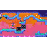 Side-scrolling pixel game scene with twisting blue pipes, a small player on a green ledge, and a pink two-headed creature on an orange-purple backdrop.